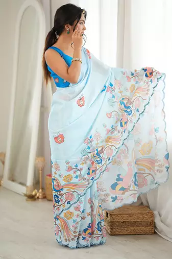 sky blue color tissue fabric smart printed graceful looks saree