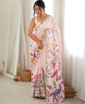 Cream color chinon fabric smart printed graceful looks saree 1