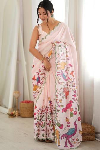 Cream color chinon fabric smart printed graceful looks saree
