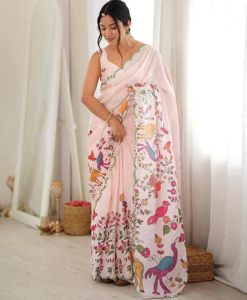 Cream color chinon fabric smart printed graceful looks saree