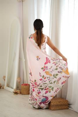 Cream color chinon fabric smart printed graceful looks saree 2