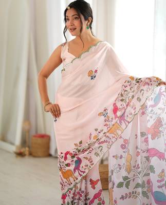 Cream color chinon fabric smart printed graceful looks saree 3