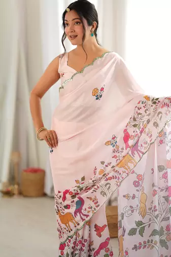 cream color tissue fabric smart printed graceful looks saree