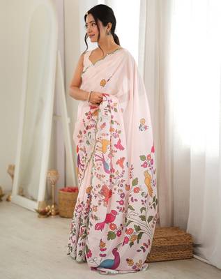 Cream color chinon fabric smart printed graceful looks saree 4