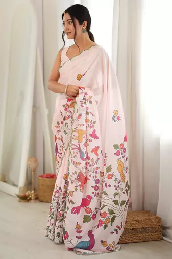 cream color tissue fabric smart printed graceful looks saree