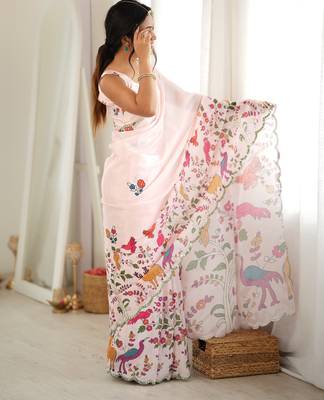 Cream color chinon fabric smart printed graceful looks saree 5