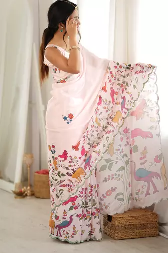 cream color tissue fabric smart printed graceful looks saree