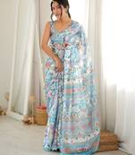 Sea green color chinon fabric smart printed graceful looks saree