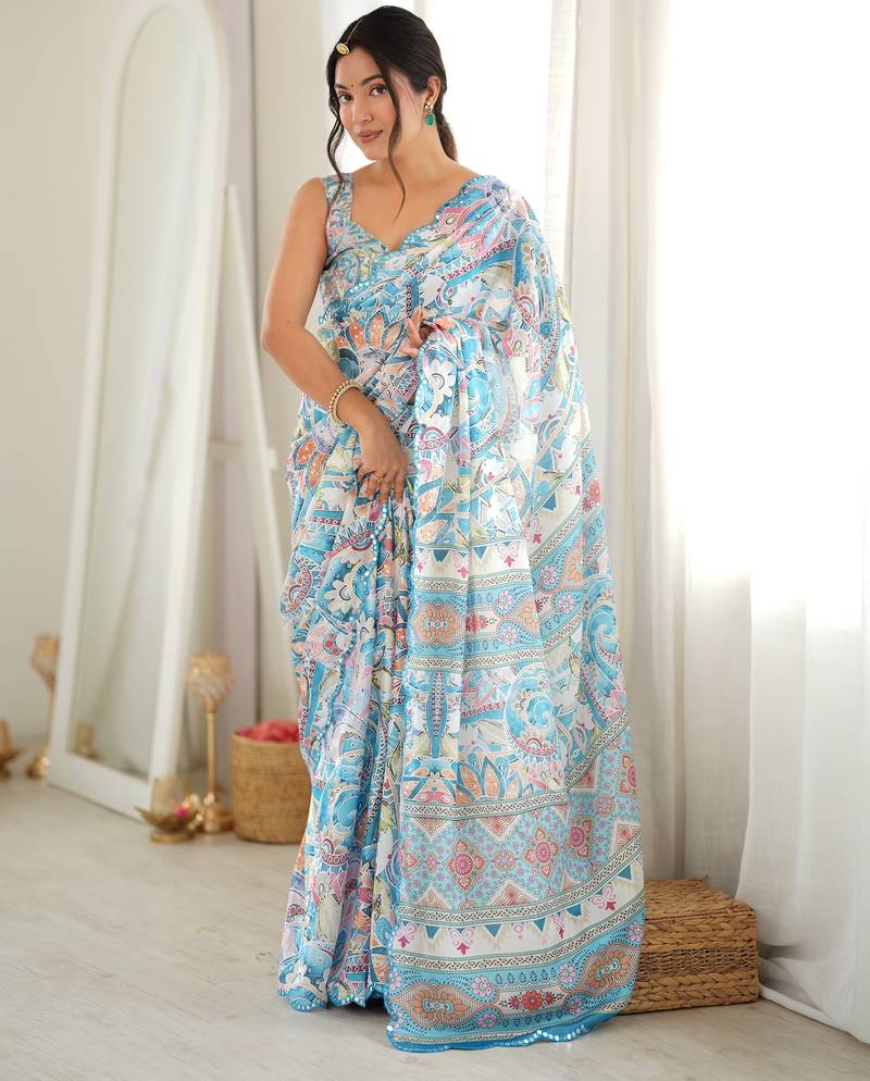 Sea green color chinon fabric smart printed graceful looks saree