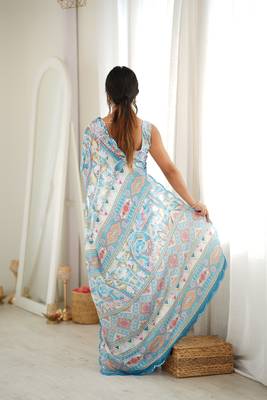 Sea green color chinon fabric smart printed graceful looks saree 2