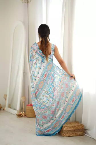 sea green color tissue fabric smart printed graceful looks saree