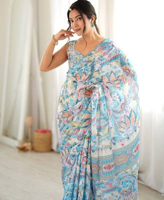 Sea green color chinon fabric smart printed graceful looks saree 3