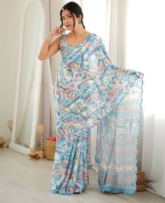Sea green color chinon fabric smart printed graceful looks saree 4