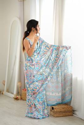 Sea green color chinon fabric smart printed graceful looks saree 5