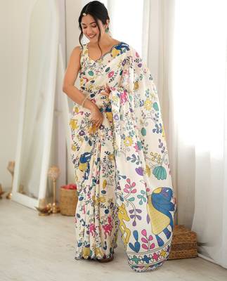Off white color chinon fabric smart printed graceful looks saree 1