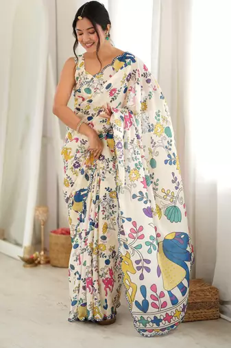 off white color tissue fabric smart printed graceful looks saree