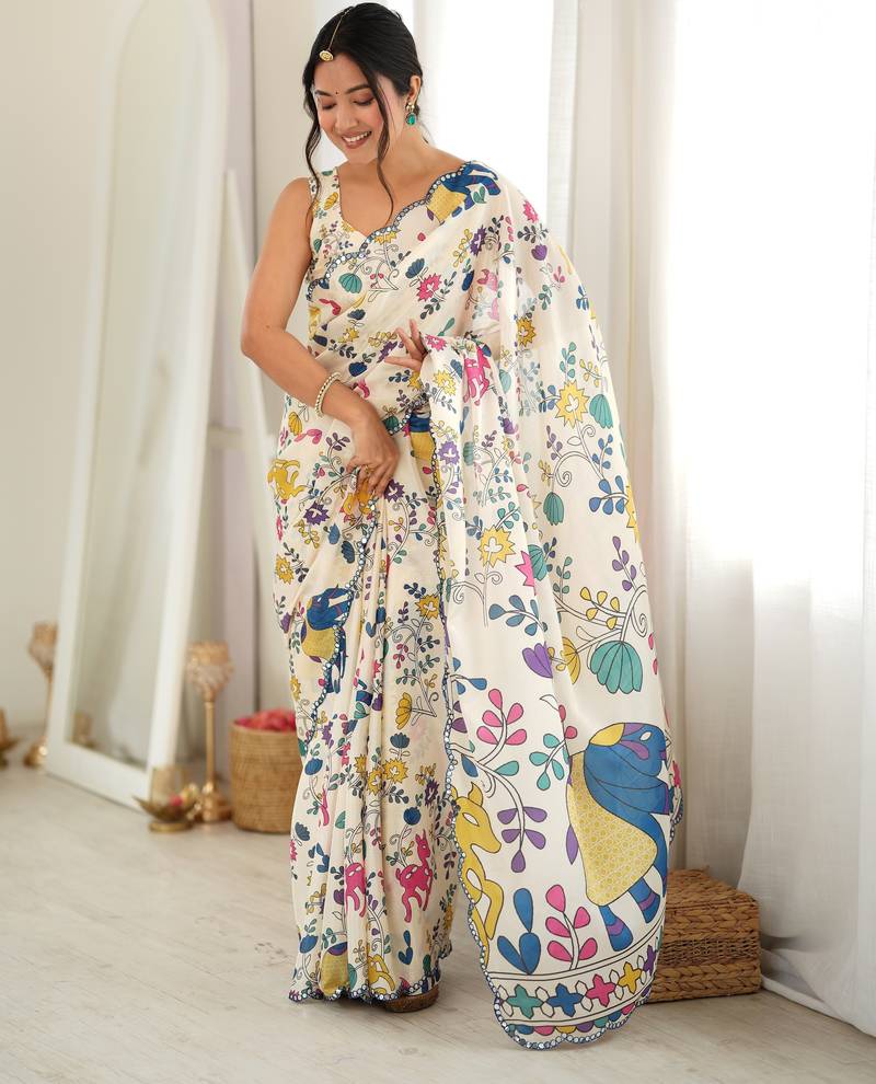 Off white color chinon fabric smart printed graceful looks saree