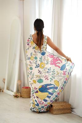 Off white color chinon fabric smart printed graceful looks saree 2