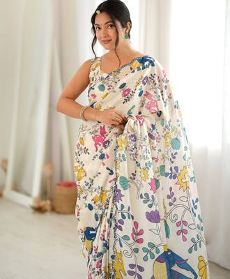Off white color chinon fabric smart printed graceful looks saree 3