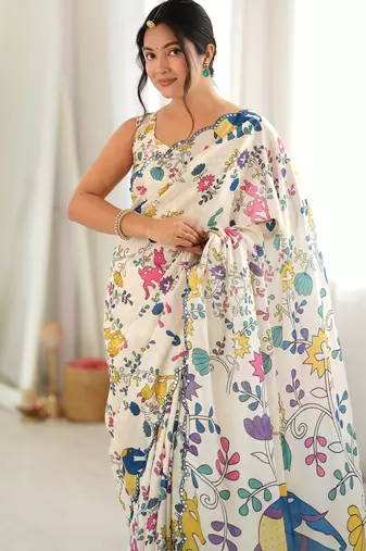 off white color tissue fabric smart printed graceful looks saree