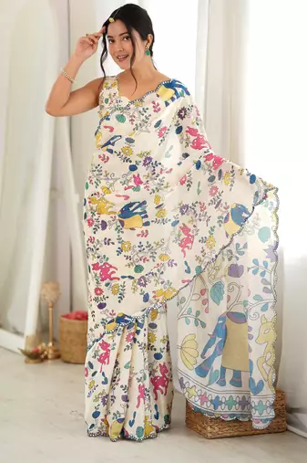 off white color tissue fabric smart printed graceful looks saree