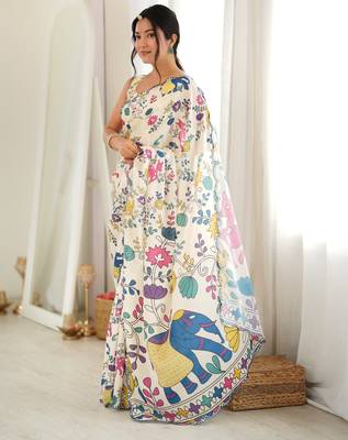 Off white color chinon fabric smart printed graceful looks saree 5