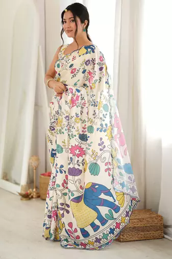 off white color tissue fabric smart printed graceful looks saree