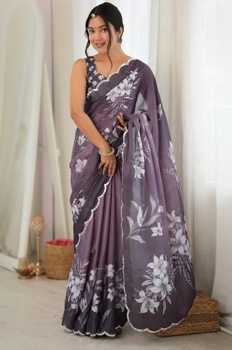 mauve color tissue fabric smart printed graceful looks saree