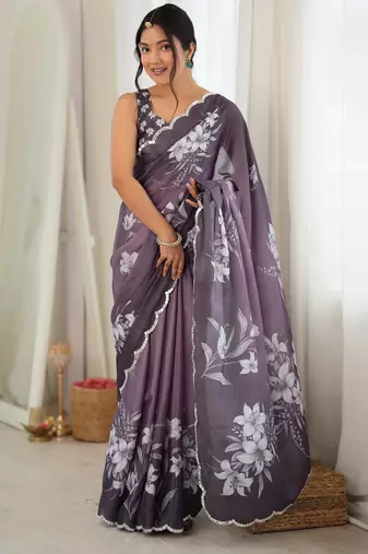 mauve color tissue fabric smart printed graceful looks saree
