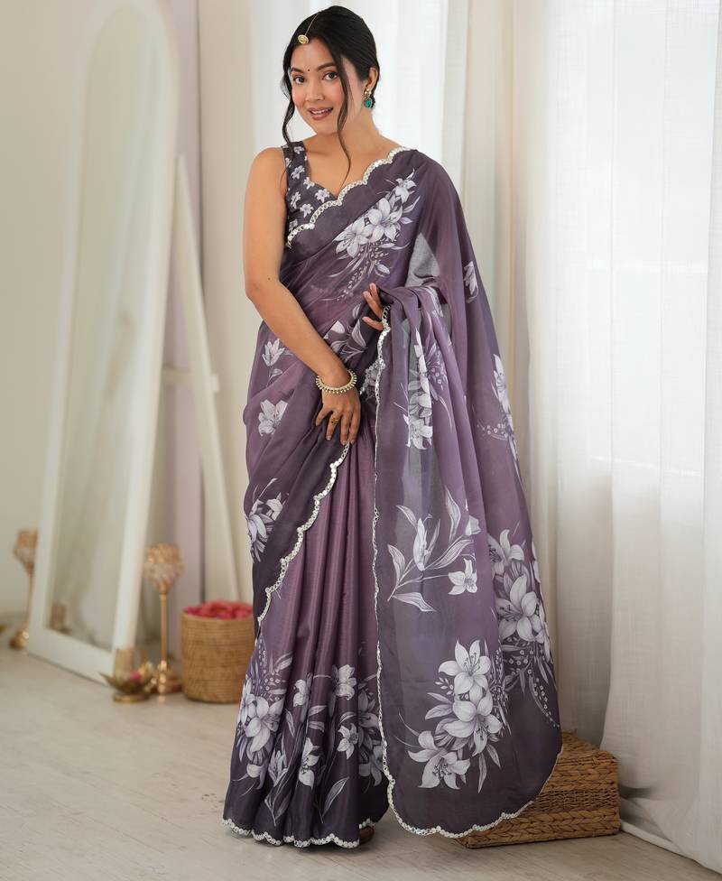 Mauve color chinon fabric smart printed graceful looks saree