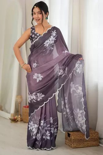 mauve color tissue fabric smart printed graceful looks saree