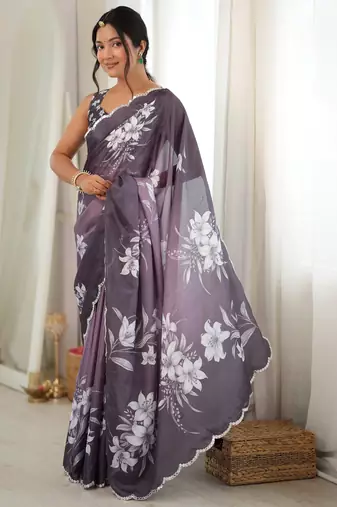 mauve color tissue fabric smart printed graceful looks saree
