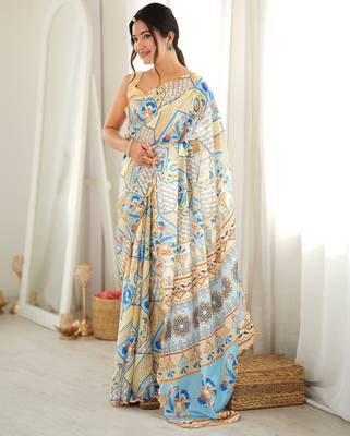 Off white color chinon fabric smart printed graceful looks saree 1