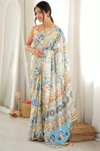 off white color tissue fabric smart printed graceful looks saree