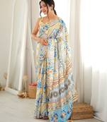 Off white color chinon fabric smart printed graceful looks saree