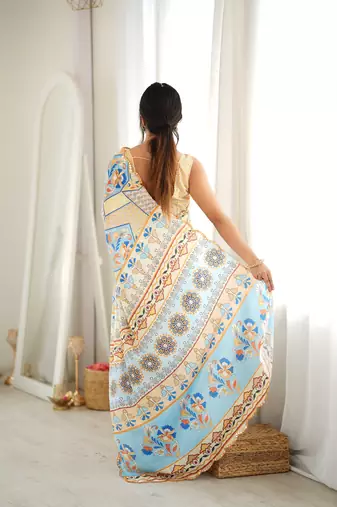 off white color tissue fabric smart printed graceful looks saree