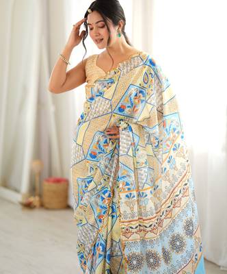 Off white color chinon fabric smart printed graceful looks saree 3