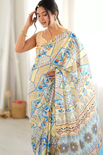 off white color tissue fabric smart printed graceful looks saree