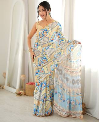 Off white color chinon fabric smart printed graceful looks saree 4
