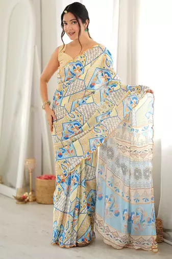 off white color tissue fabric smart printed graceful looks saree