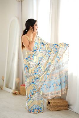 Off white color chinon fabric smart printed graceful looks saree 5