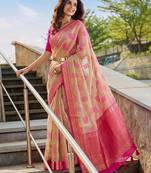 Pink color linen cotton designer ethnic woven partywear saree