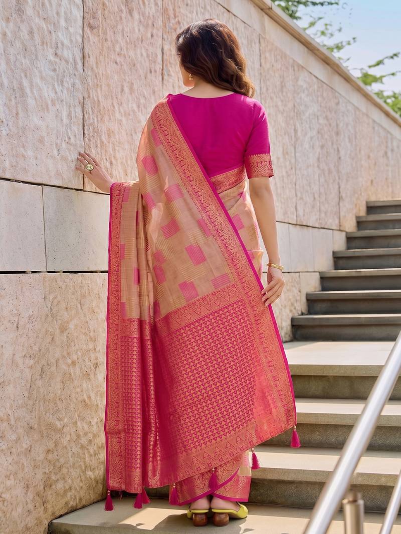 Pink color linen cotton designer ethnic woven partywear saree