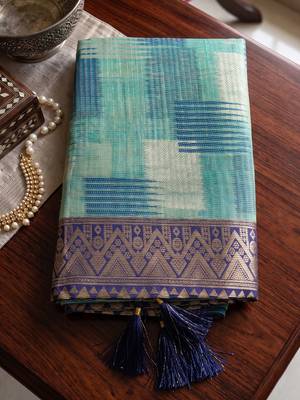 sky blue color linen designer ethnic woven partywear saree 4