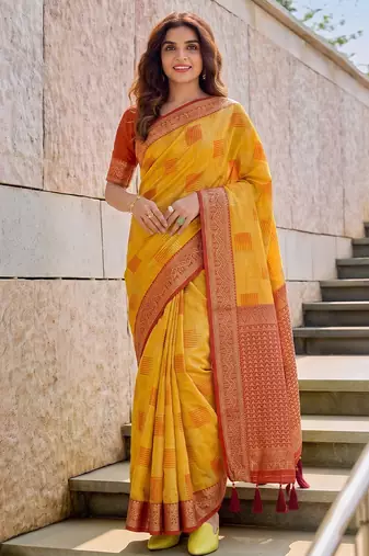 yellow color linen designer ethnic woven partywear saree