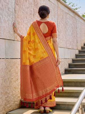 yellow color linen designer ethnic woven partywear saree 2