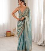 sky blue color fendy satin fabric beads pearl embroidery work heavy ceremonial saree