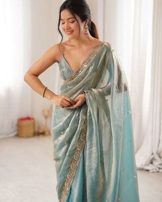sky blue color fendy satin fabric beads pearl embroidery work heavy ceremonial saree 3