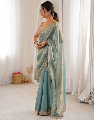 sky blue color fendy satin fabric beads pearl embroidery work heavy ceremonial saree 4