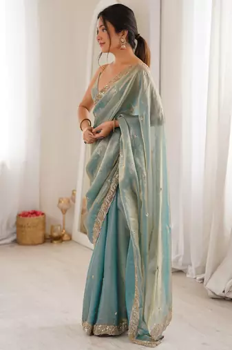 sky blue color fendy satin fabric beads pearl embroidery work heavy ceremonial saree